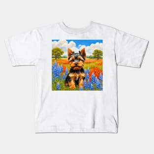 Yorkshire Terrier Puppy in Texas Wildflower Field Kids T-Shirt